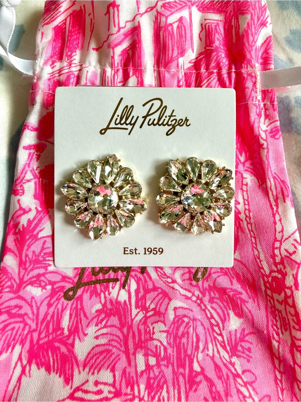 NWT Lilly Pulitzer Spicy Socialite rhinestone Crystal Flower stud Earrings